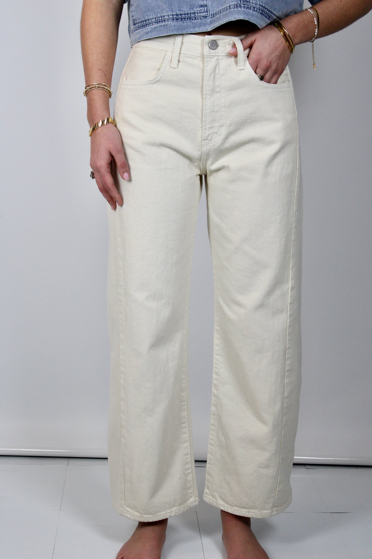 Cream High Rise Barrel Leg Denim