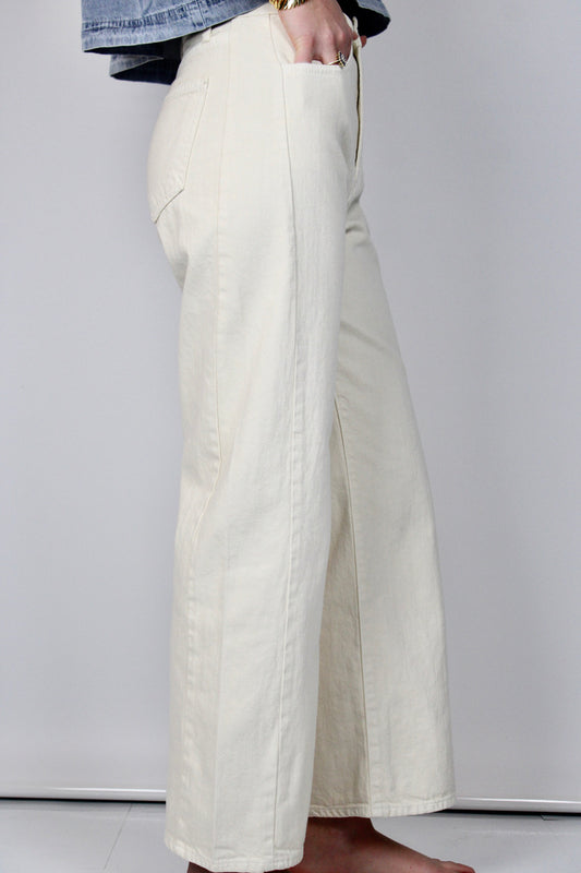 Cream High Rise Barrel Leg Denim