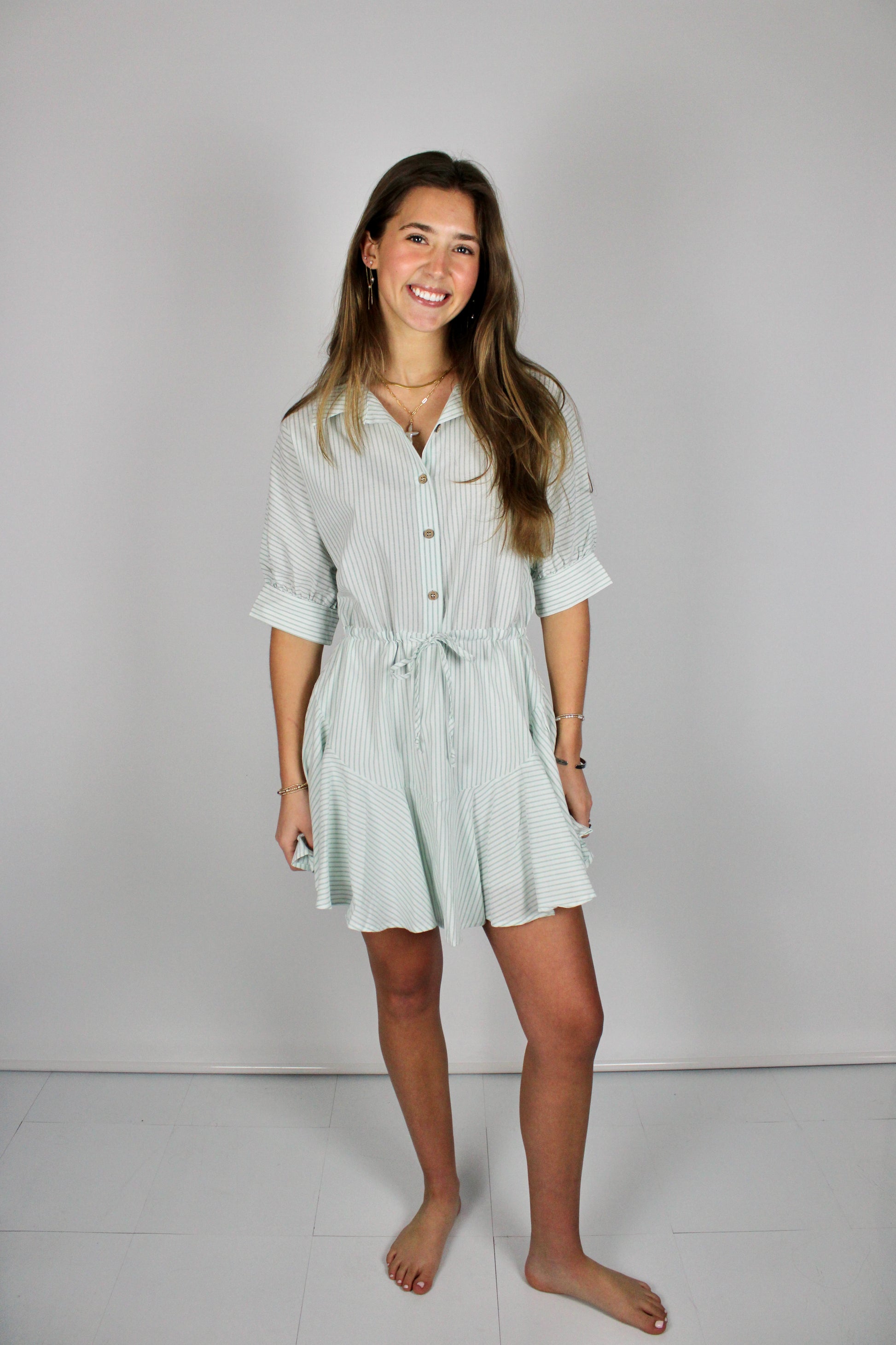 green striped mini dress Prosperina Fallon Green Stripe Cotton Swing Dress